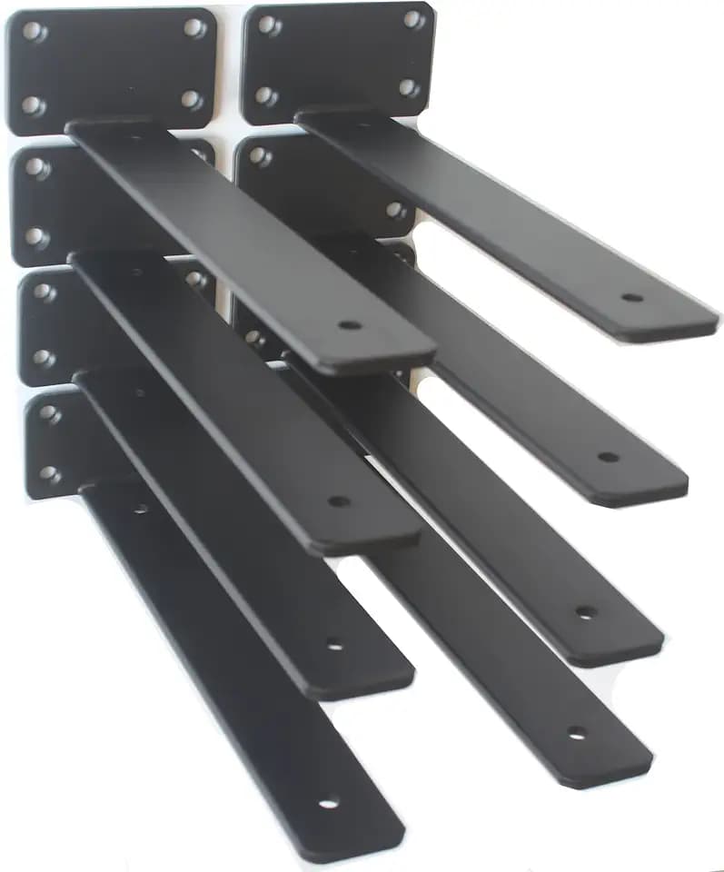 8 Pack - 10 inch Black Hidden L Shelf Bracket (1/5 Inch Thicked) Iron Floating Shelf Brackets Rustic Industrial Metal Brackets for Shelf Support