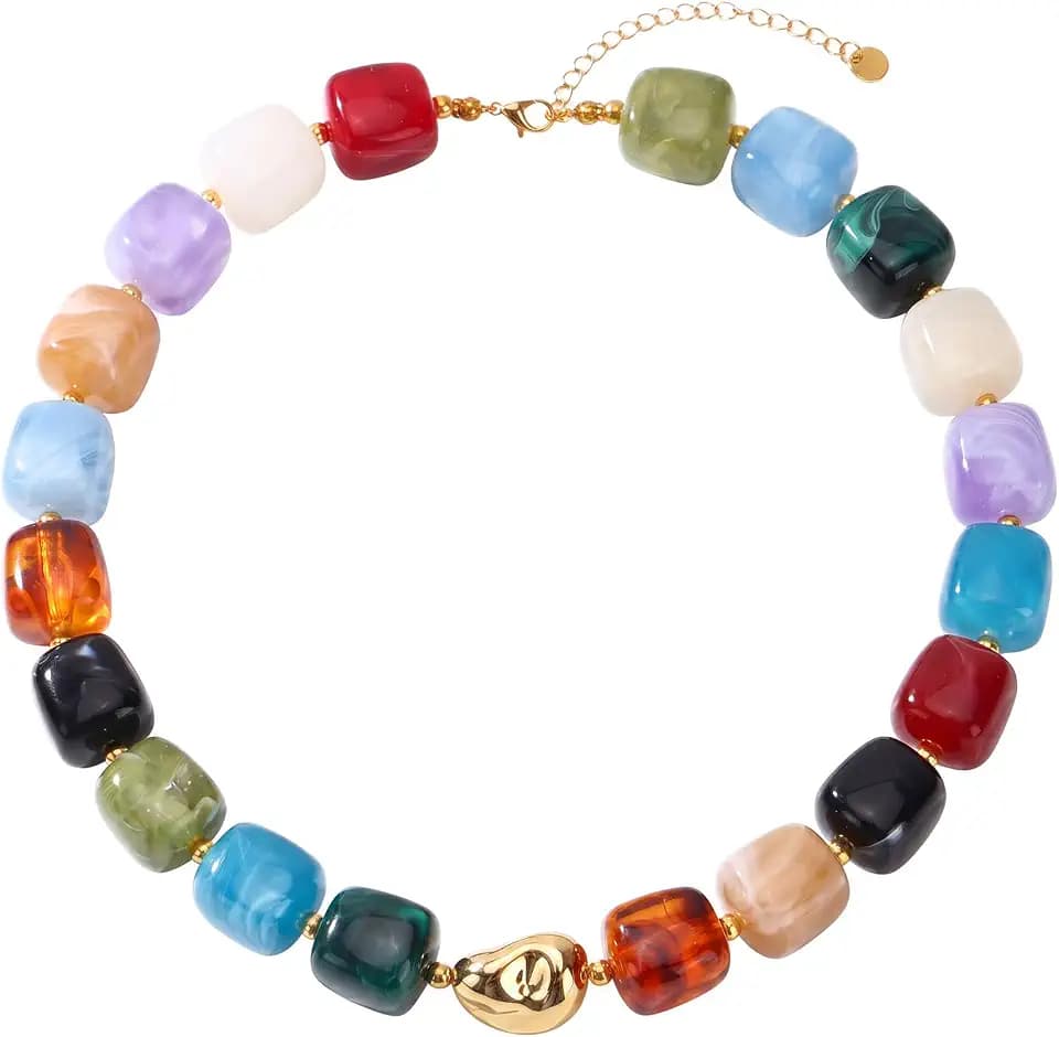 QUEFE Chunky Colorful Beaded Choker Necklace for Women Statement Choker Boho Multicolor Large Square Resin Beads Necklaces with Stainless Steel Adjustable for Beach Surfer Women Gift