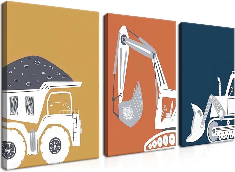 AKWISH Framed Nursery Construction Truck Wall Art Set of 3 – Cute Excavator Tractor Dump Truck Canvas Prints, Boys Bedroom and Baby Room Wall Decor, Playroom Vehicle Artwork – 12x16in