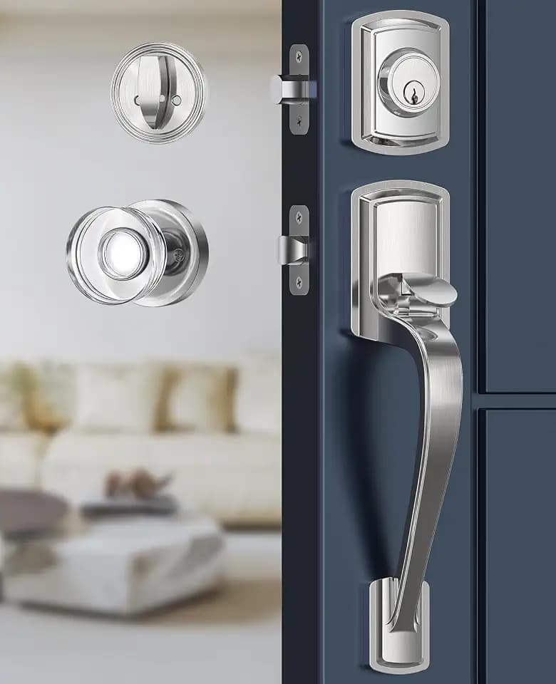 Front Door Handle and Deadbolt Set with Crystal Door Knob, Front Door Lock Set for Right Left Handed, Modern Exterior Handle, Entry Doors Locksets with Single Cylinder Deadbolt, Satin Nickel