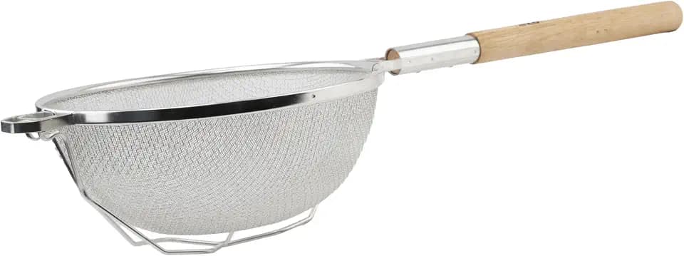Winco 12" Tan Double Mesh Tin-Plated Steel Strainer, Nickel Plated