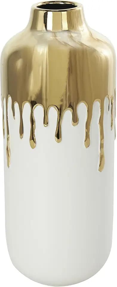 CosmoLiving by Cosmopolitan Ceramic Decorative Vase Centerpiece Vase with Abstract Gold Melting Drips, Flower Vase for Home Decoration 5" x 5" x 14", White