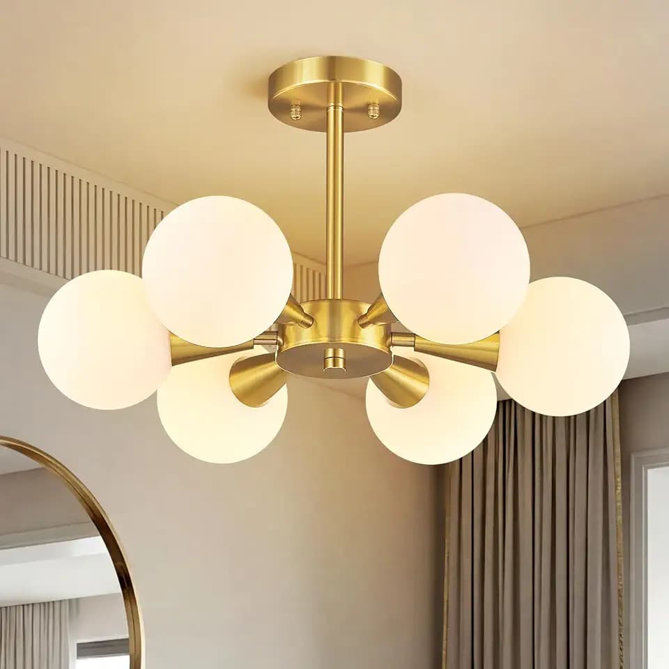 Mid Century Modern Ceiling Light with Milk White Glass lampshade Gold Semi Flush Mount Ceiling Light Fixture Sputnik Chandelier for Bedroom Living Room Dining Room Foyer Hallway(6-Lights)