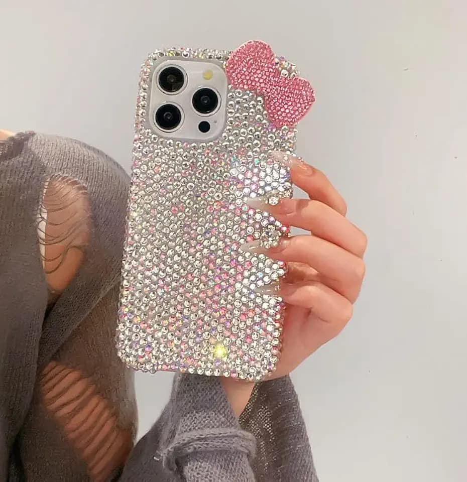 for iPhone 13 3D Glitter Sparkle Bling Case Cute Bow Pink Women Girls Kids Crystal Rhinestone Clear Protective Diamond Bumper Cover Case for iPhone 13 6.1 inch