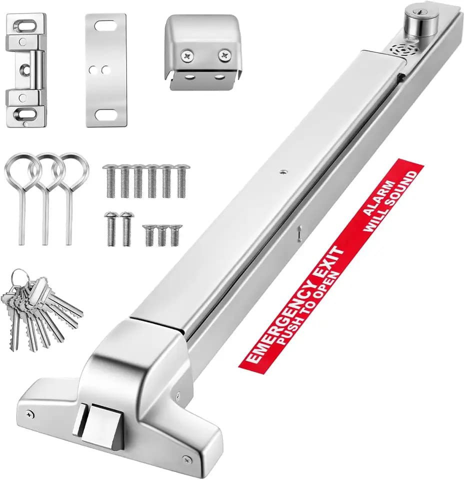 VEVOR Push Bar Panic Exit Device, 31" Stainless Steel Commercial Panic Bar for Exit Doors, Emergency Exit Door Hardware with Auto Alarm System and Sticker, for 31"-46" Wood or Metal Door, Silver