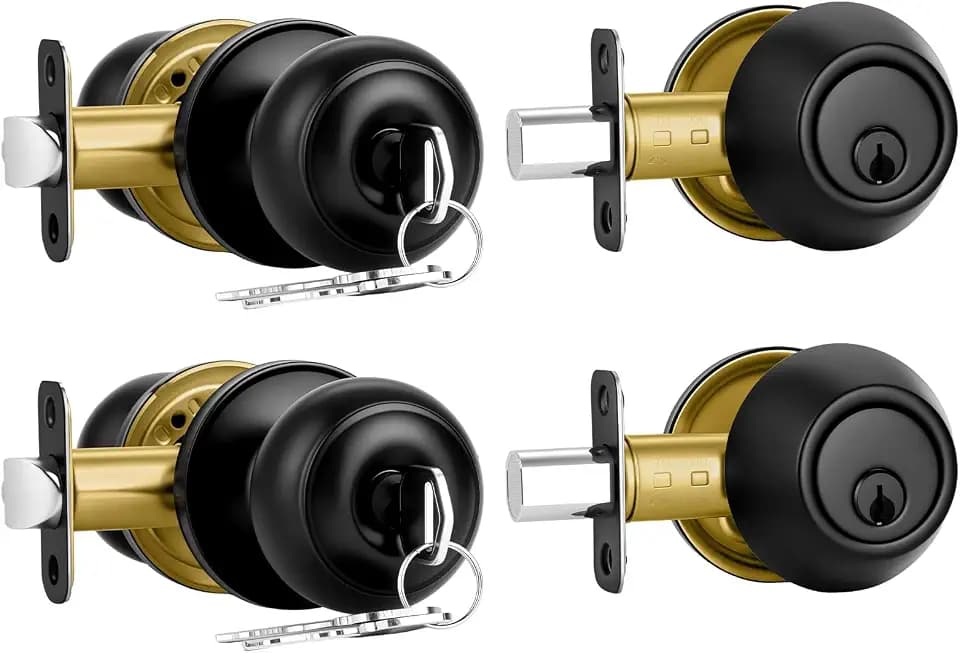 Plustool 2 Pack Front Door Lock Set Matte Black,Exterior Door Lock Set with Deadbolt,Single Cylinder Deadbolt Lock and Door Knob Set,Keyed Alike Door Knobs with Lock&Keys,Round Ball Entry Door Lockset