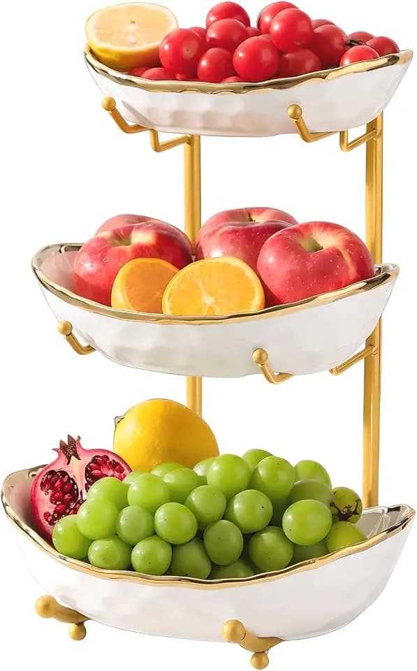 YYW 3 Tier Fruit Bowl for Kitchen Counter, White Gold Silver Ceramic Fruit Stand for Countertop, Home Fruit Rack with Metal Holder, Vegetable Snacks Nuts Bread Candy Storage (White (Gold Holder))