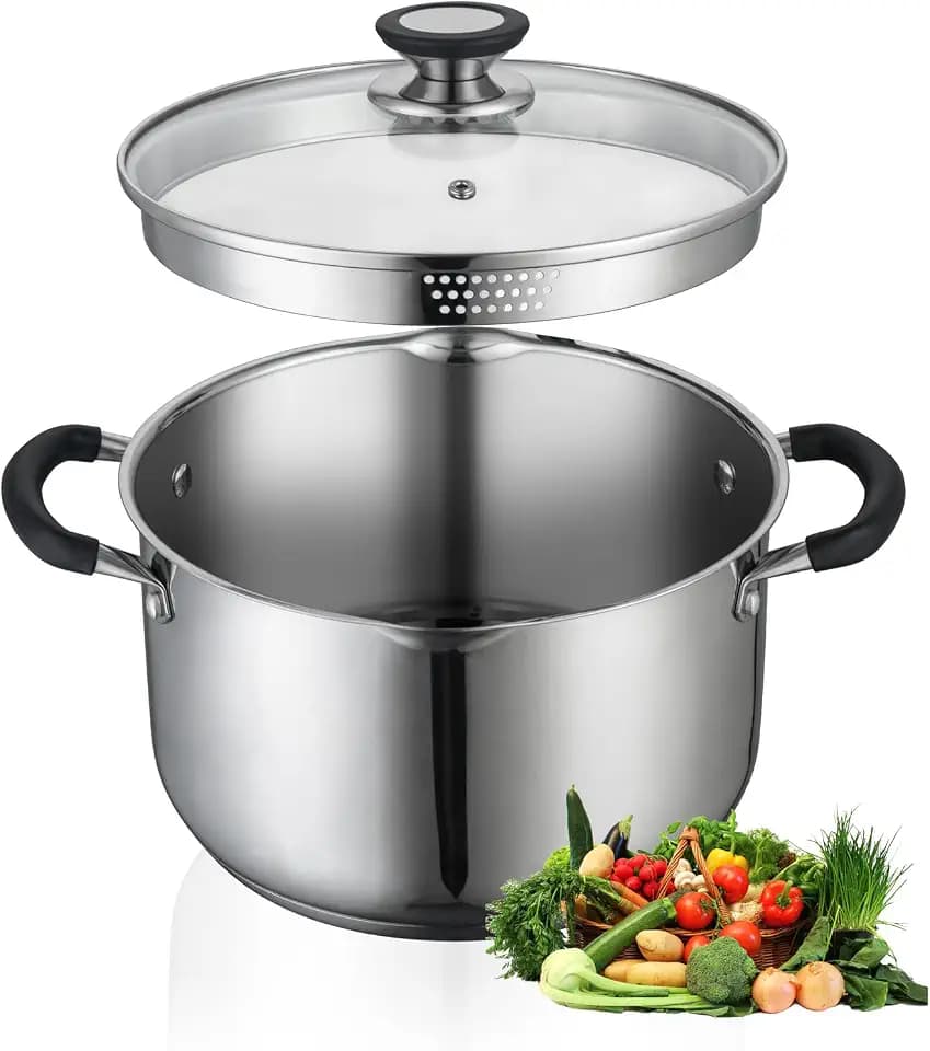 SLOTTET 6 Quart Stainless Steel Stock Pot with Strainer Glass Lid,6 Qt Soup Pot Multipurpose Stockpot with Pour Spout,Stay-cool silicone Handle.