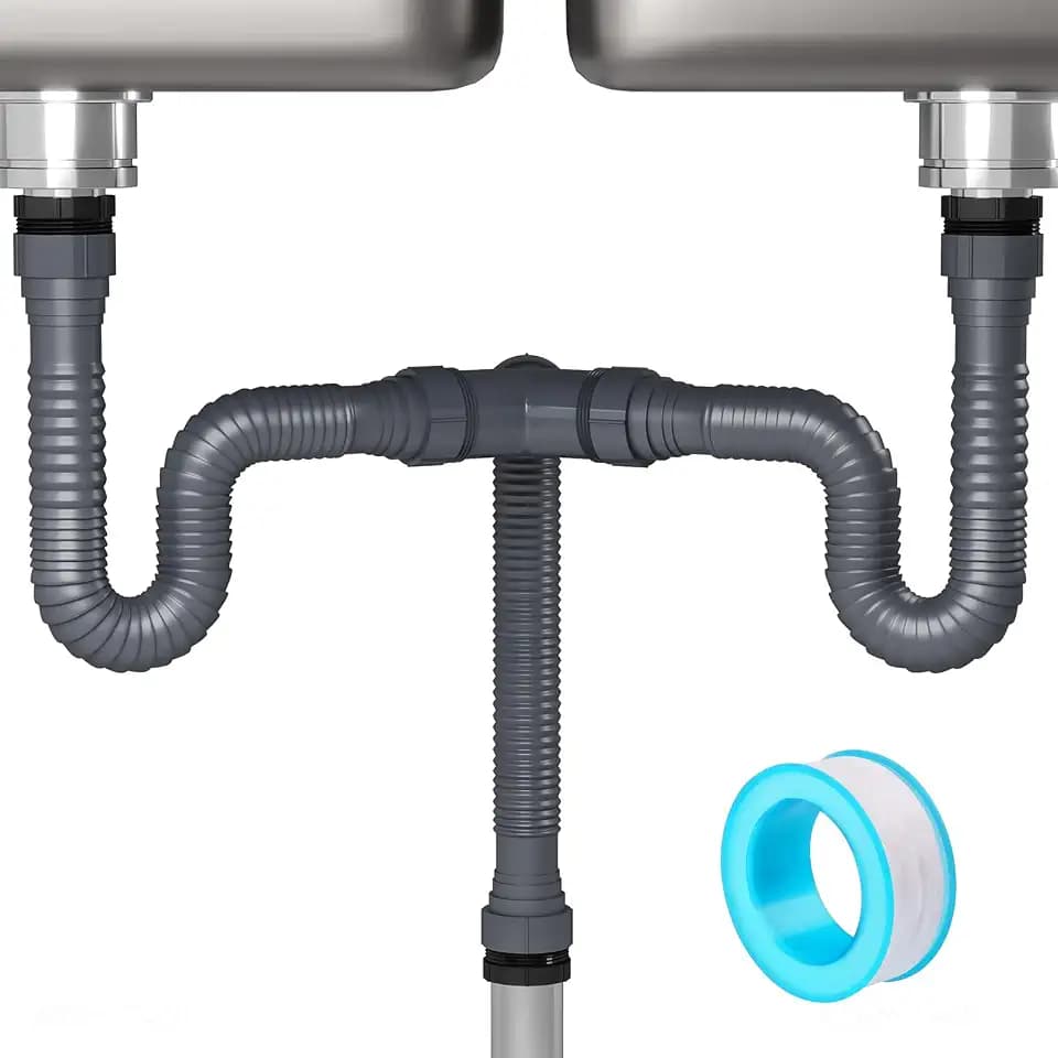 NiHome Double Kitchen Sink Drain Kit, Flexible P-Trap 1-1/2" 1-1/4" w/Tape