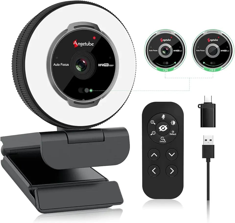 Angetube 60FPS 1080P Webcam mit Ringlicht - PC Kamera mit 5X Digitalzoom