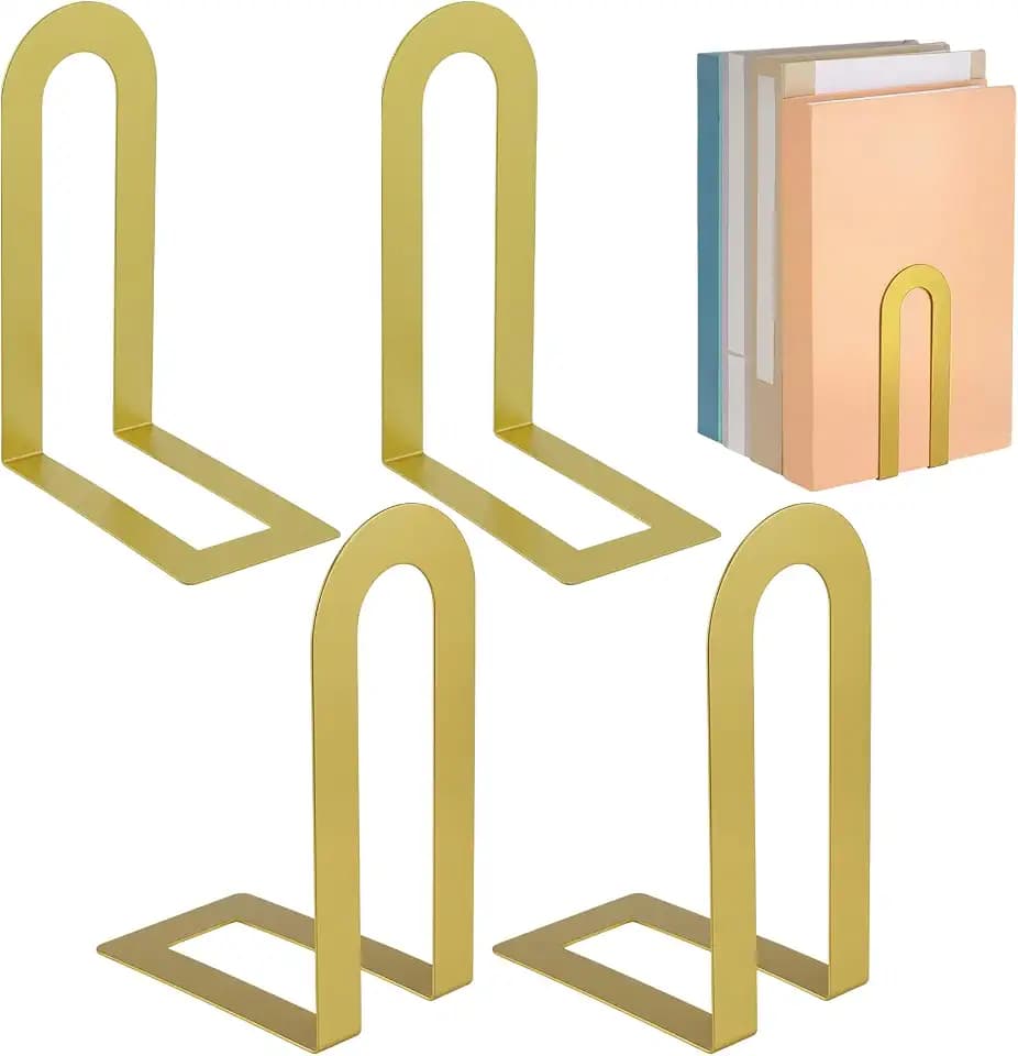 Chunful 4 Pcs Gold Metal BookEnds Shelves, 5.5 x 3.75 x 2.25 in