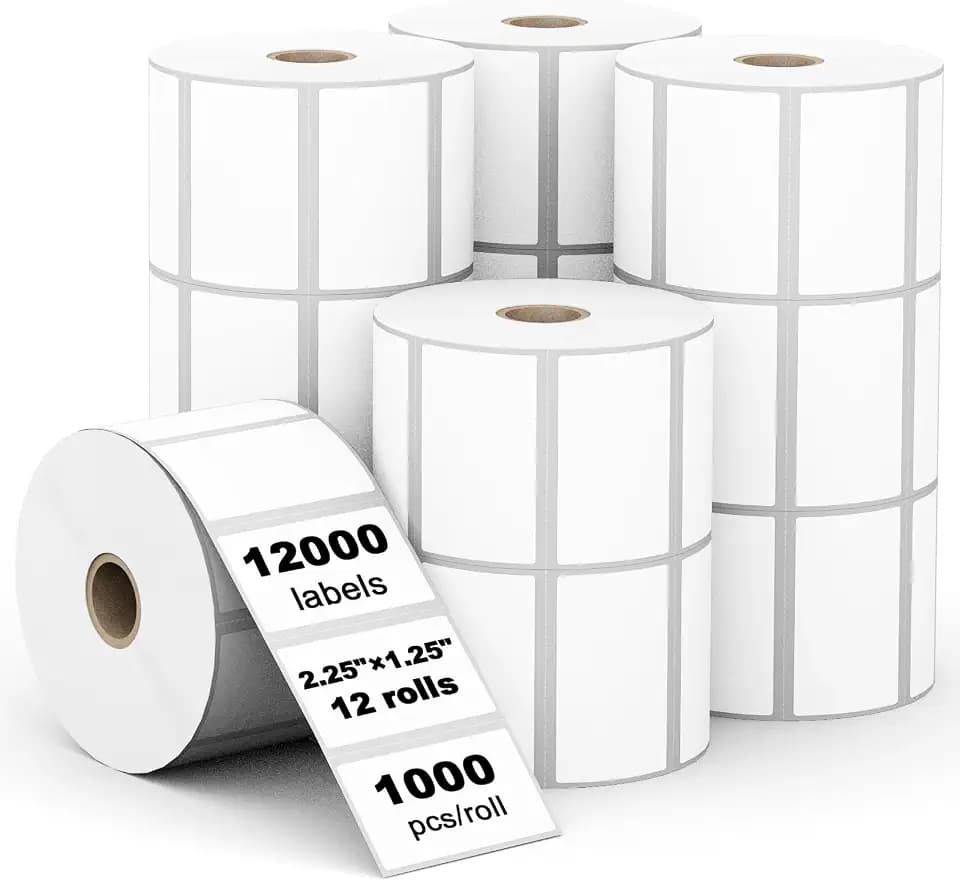 (12,000 Labels/12 Rolls) Labelebal 12 Rolls,1000/Roll -Zebra 2.25" X 1.25” Direct Thermal Labels - Perforated Stickers for Barcode Address, Compatible with Zebra & Rollo & MUNBYN Desktop Printer