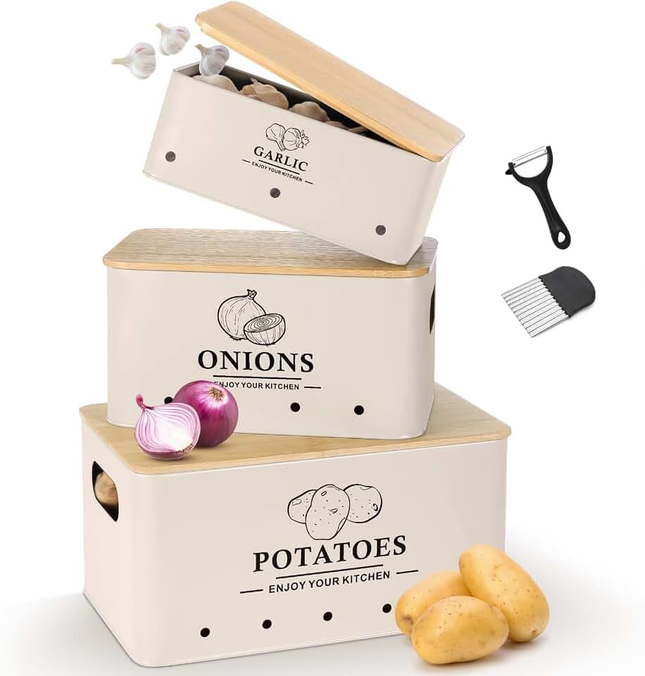 Kitchen Vegetable Storage Set of 3, Metal Onion Garlic Potato Storage Set, Kitchen Canisters Vegetable Keeper Containers with Aerating Holes and Bamboo Lid,Beige