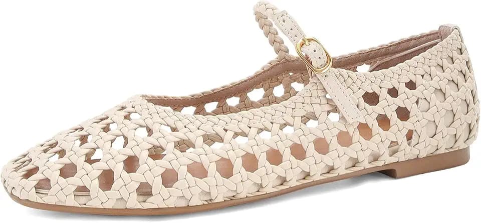 MICIFA Woven Mesh Ballet Flats for Women Round Toe Mary Jane Flats Buckle Strap Ballerina Flats Comfortable Dress Casual Flat Shoes