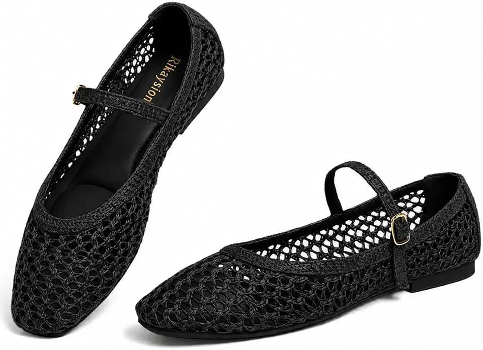 Women Mary Jane Woven Flats Square Toe Ballet Flats with Adjustable Strap