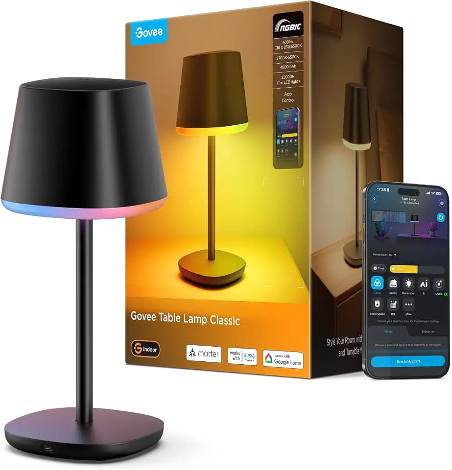 Govee Tischlampe Kabellos Akku, RGBICWW Tischleuchte Kompatibel mit Matter