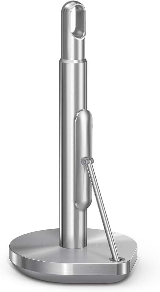 simplehuman Tension Arm Countertop Paper Towel Holder, Easy One-Handed Tear, Standing Weighted Base with Finger Loop, Heavy Duty, Brushed Stainless Steel