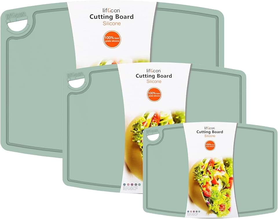 Liflicon Silicone Thick Cutting Boards Mats Set of 3 Foldable & Flexible Design Juice Grooves Easy Grip Handle Dishwasher Safe for Kitchen,BPA free Silicone Cutting Board-Light Green