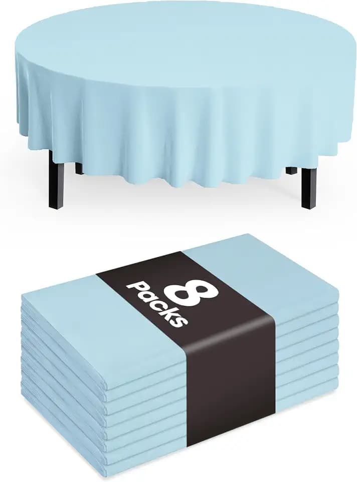 Pureegg Plastic Table Cloth Disposable 8 Pack, 84 Inch Round, Light Blue