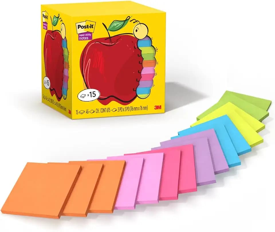 Post-it Super Sticky Notes, 3 x 3 in, Assorted Brights, 15 Pads