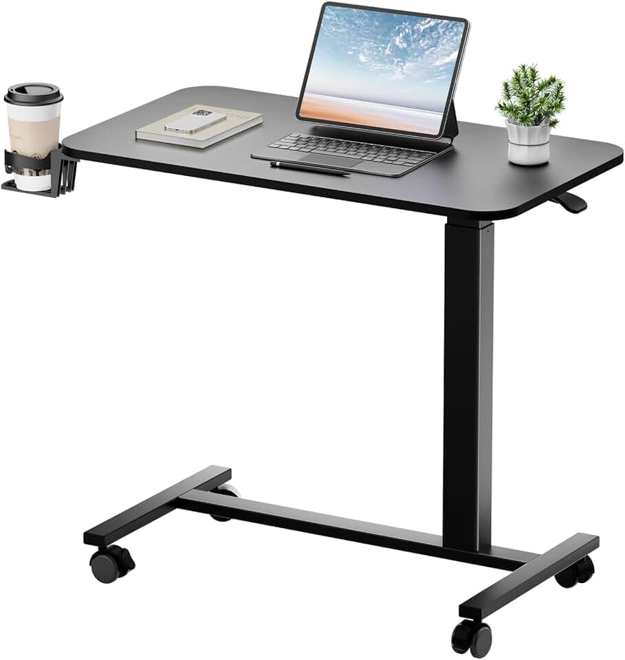 GTPLAYER Small Standing Desk with Lockable Wheels, Pneumatic Mobile Rolling Laptop Desk,Adjustable Height Overbed Bedside Table Computer Workstation for Home Office (32" W x 18" D, Black)