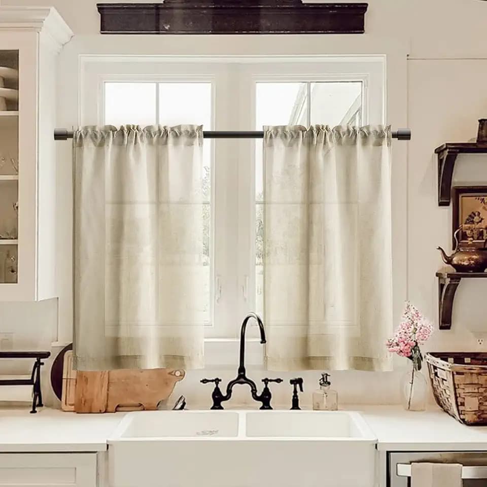 Kitchen Curtains 24 Inch Length Rustic Beige Farmhouse Country Linen Short Cafe Semi Sheer Curtains Rod Pocket Tiers for Small Half Window Bathroom Basement RV Cabin Laundry Room, Light Tan, 2 Panels