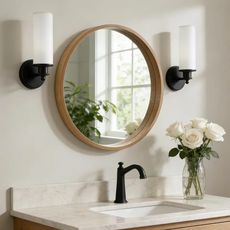 WallBeyond 24 Inch Natural Round Wood Mirror, Circle Wooden Frame Wall Mirror for Bathroom, Living Room, Bedroom, Entryway