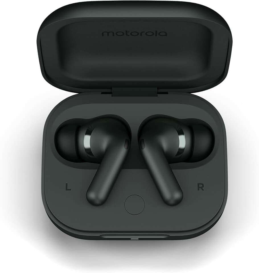 Motorola Moto Buds Plus, kabellose Kopfhörer mit Sound by Bose, aktiver Geräuschunterdrückung, Dolby Atmos, bis zu 38 Stunden Akkulaufzeit, Schwarz