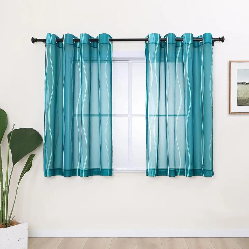 L.Z.E Teal and White Sheer Curtains 54 Inch Length for Kitchen Small Window, Elegant Airy Transparent Short Voile Cafe Curtains for Dining Room, Wave Pattern Window Sheers Grommet Top 2 Panels Set