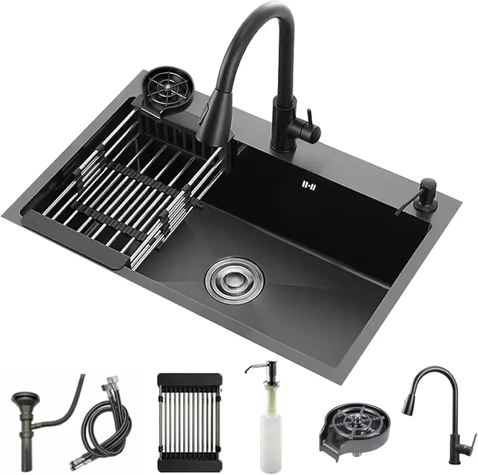 Black Kitchen Sink, Stainless Steel Single Bowl Sink Kit