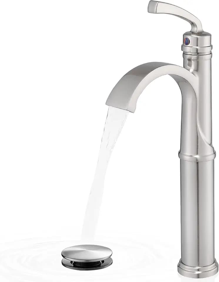 Bathroom Vessel Sink Faucet Brushed Nickel, Brass Tall Waterfall Bathroom Faucet 1 Hole Bathroom Sink Faucet Single Handle Bathroom Faucets with Water Lines Pop-Up Drain