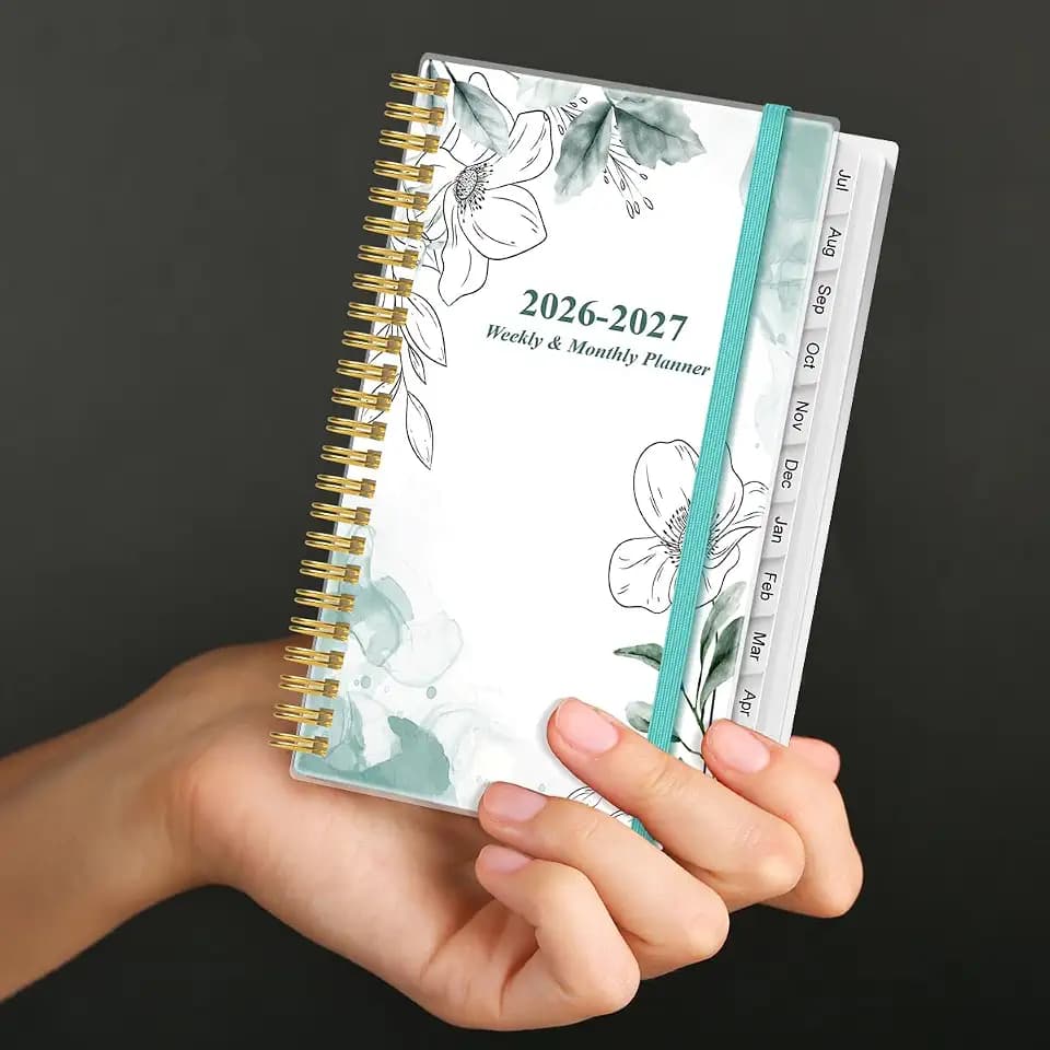 2026-2027 Pocket Planner/Calendar - 2026-2027 Planner from July 2026 - June 2027, Planner 26-27 with 12 Tabs, Twin-Wire Binding, Inner Pocket, 3.75" x 6.75, Teal Flowers