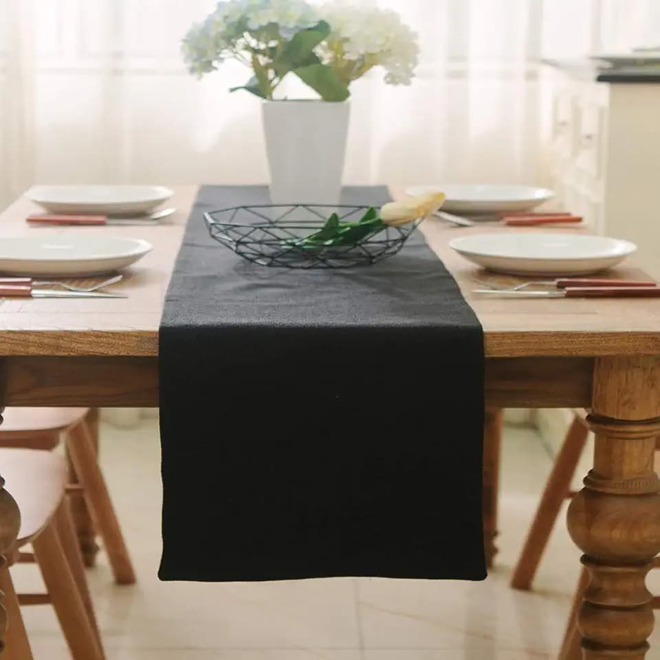 2 Piece Fabric in 1 Dinning Table Runner 12 x 72 Inches Farmhouse Kitchen Coffee Burlap Table Runner for Holiday Party, Black