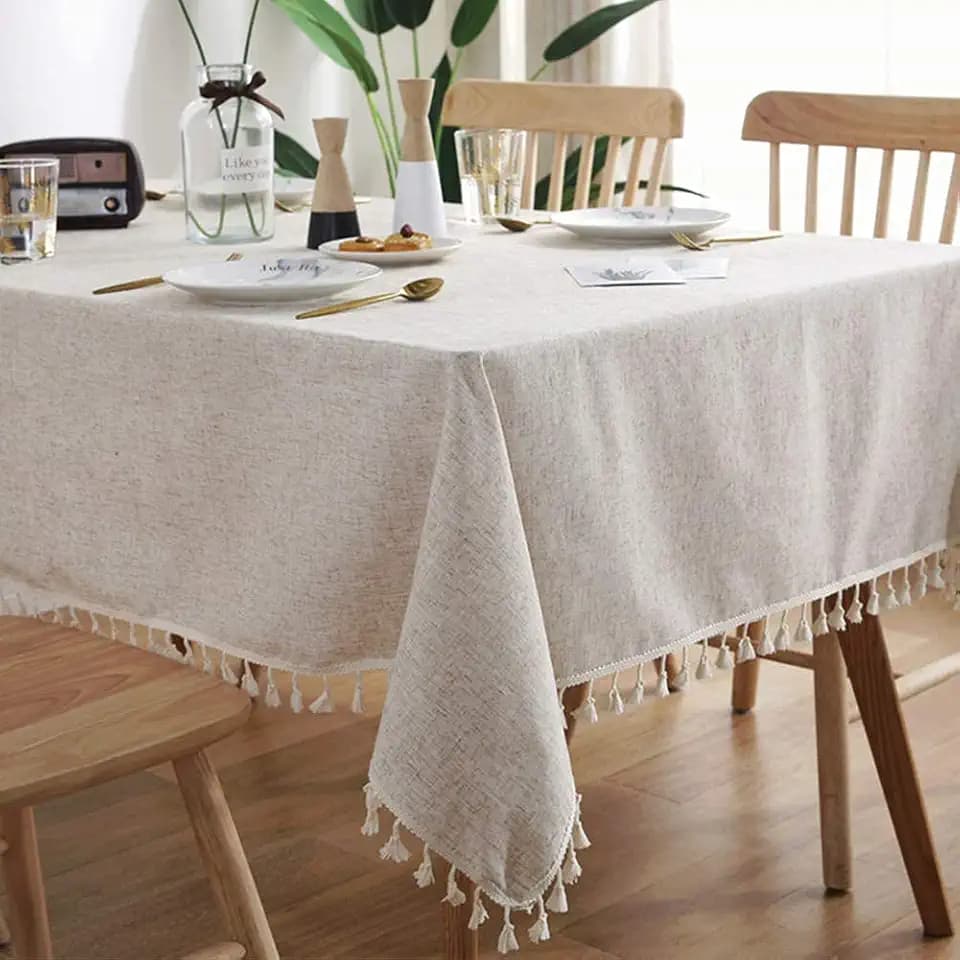 meioro Rectangle Linen Fabric Tablecloth 55 x 102 Inch - Dining Room Table Cover, Tassels - Easy Care, Farmhouse Kitchen Tablecloth Indoor Outdoor, All Season
