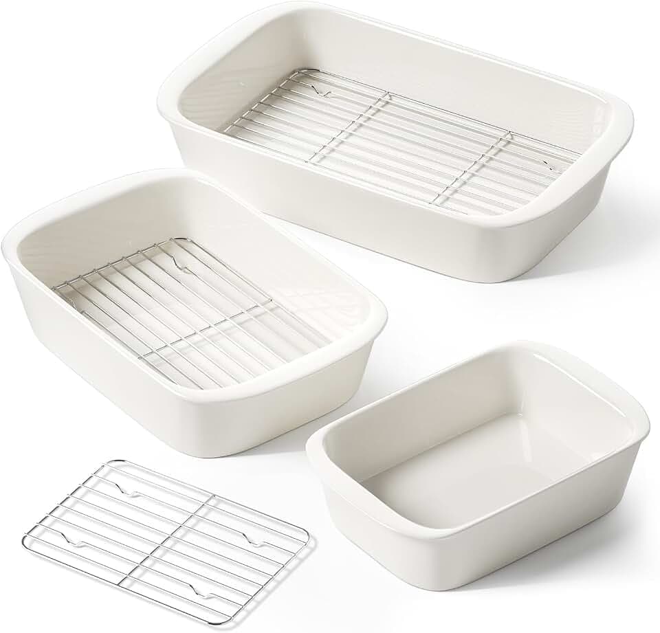 LE TAUCI Ceramic Casserole Dishes for Oven with 304 Racks, Set of 3, White