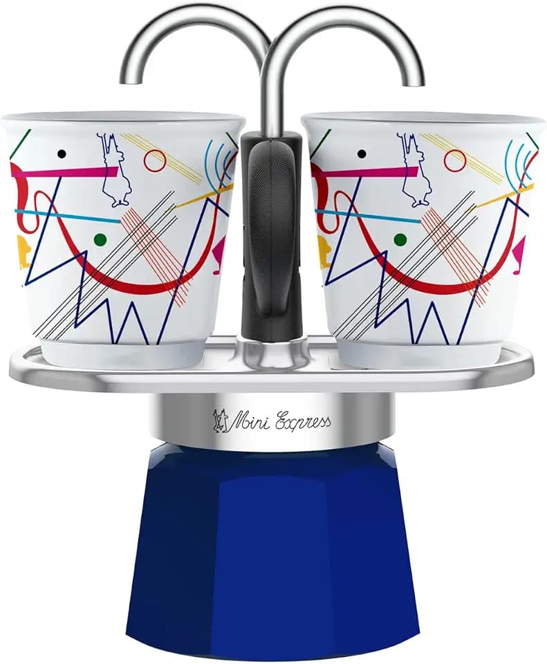 Bialetti - Mini Express Kandinsky: Moka Set includes Coffee Maker 2-Cups (2.8 Oz) + 2 shot glasses, Light Blue, Aluminum