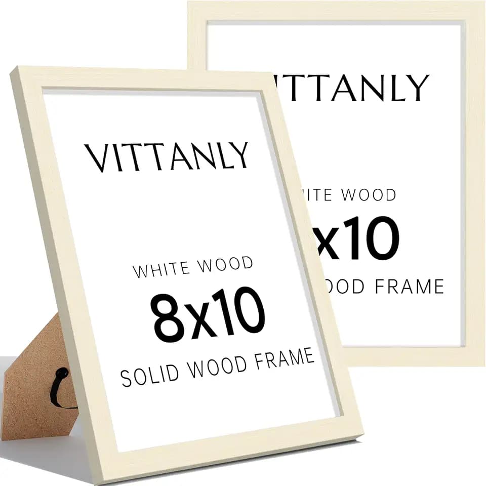 Vittanly 8x10 Picture Frame, Solid Wood Frame with Mat, White Wood, 2 Pack