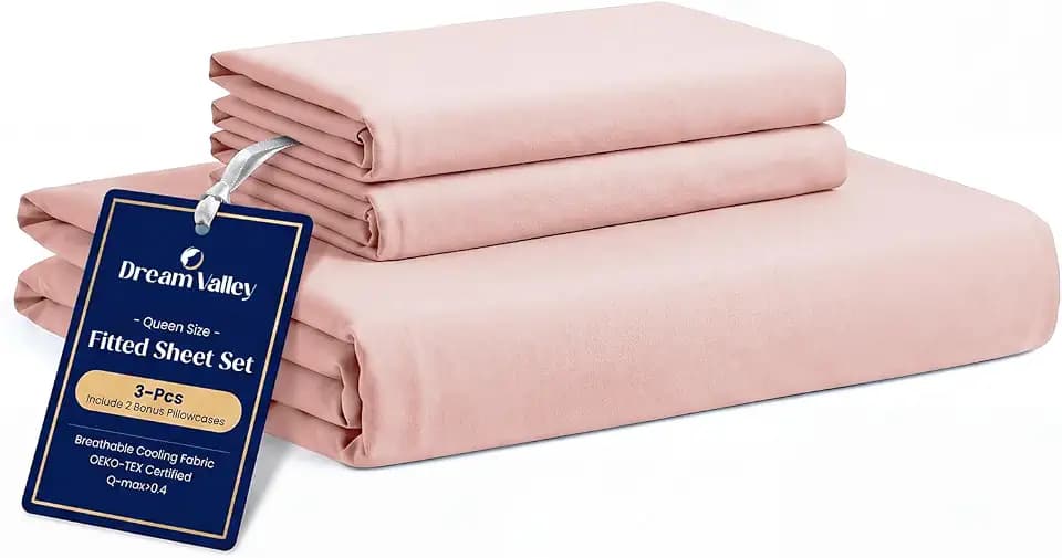 Dream Valley® King Size Sheets Set, Cooling Fitted Sheet with 2 Pillowcase-3 PCS with No Flat Sheet,Q-Max > 0.4 Aerocool, Cooling for Night Sweats, Hot Sleepers,deep Pocket up to 15",Pink Blush