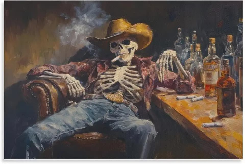 Wild West Skeleton Cowboy Bar Scene Oil Painting Canvas Printing Wall Art Posters Prints Western Rustic Aesthetic Bohemian Style Wall Decor for Living Room Bedroom Office Den 12x18inch(30x45cm)