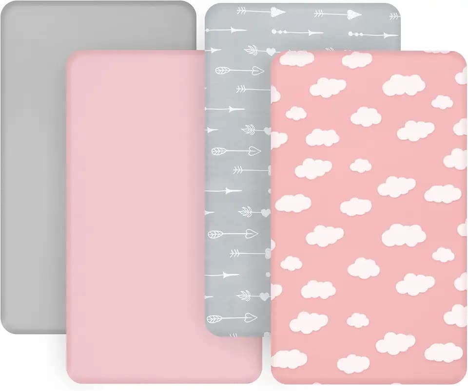 4-Pack Fitted Mini Crib Sheets for Boys and Girls - Breathable, Soft Microfiber Baby Sheets in Grey and Pink