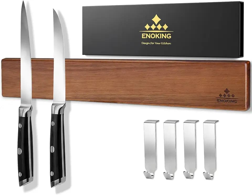 Magnetic Knife Holder for Wall, 16 Inch Acacia Wood Knife Strip, 4 Hooks
