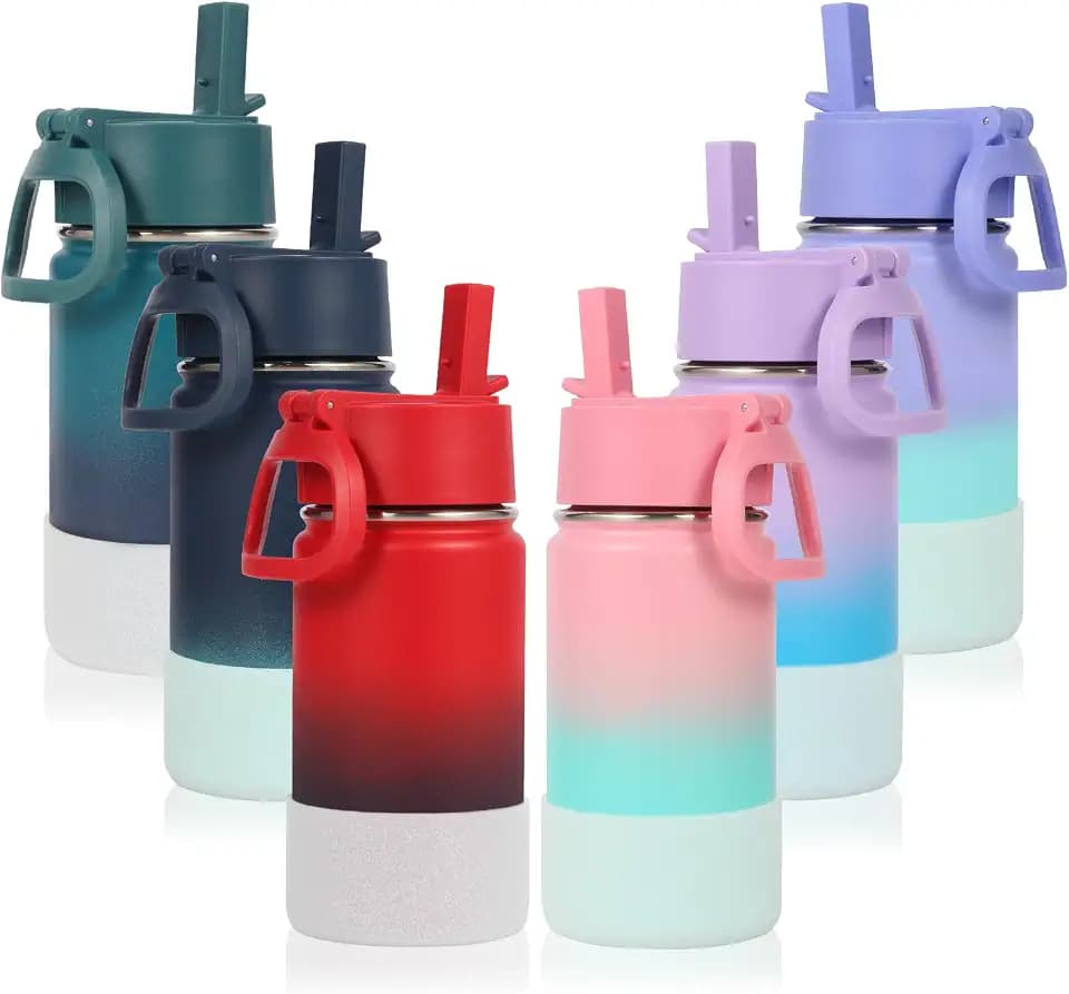 Volhoply 14oz KIds Water Bottle with Straw Lid and Silicone Boot Bulk 6 Pack,Stainless Steel Insulated Cups for Boys & Girls Multipack,Double Wall Vacuum Leakproof Bottles(Assorted,6)
