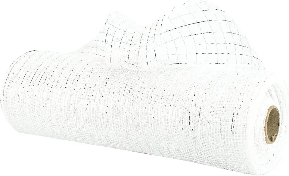 MEEDEE White Deco Mesh 10 Inch Rolls White Poly with Metallic Silver Mesh Ribbon for Christmas Tree, Garland, Staircase, Mailbox, Centerpiece, Making Wreath, Decorating and Crafts (30 Feet)