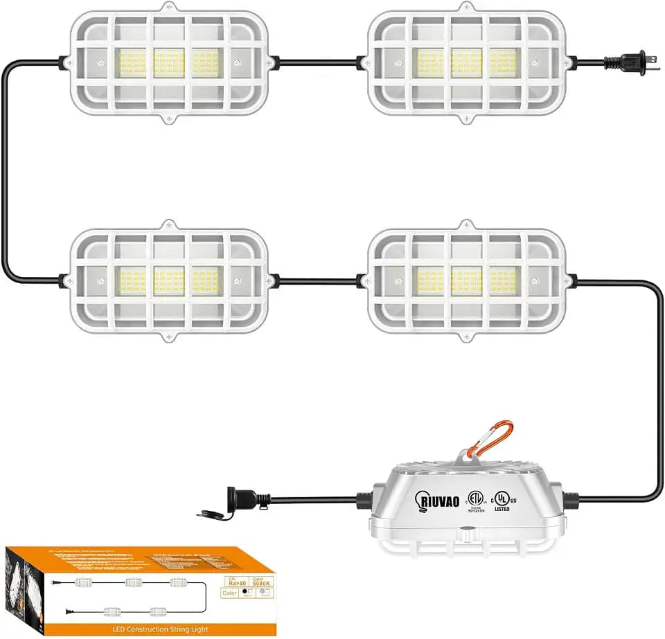 RIUVAO 50ft LED Construction String Lights,Super Bright 150W 15000LM Waterproof IP67 Led String Work Lights, Construction Temporary Lights (Upgrad 50ft-5lights).