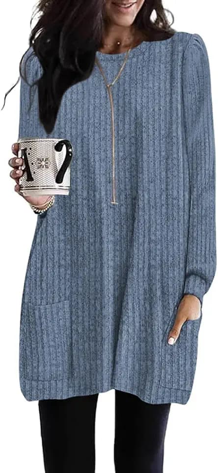 Poetsky Long Shirts for Women to Wear with Leggings Long Sleeve Tunic Tops Loose Fit Dressy Tunic Sweaters with Pockets S-3XL