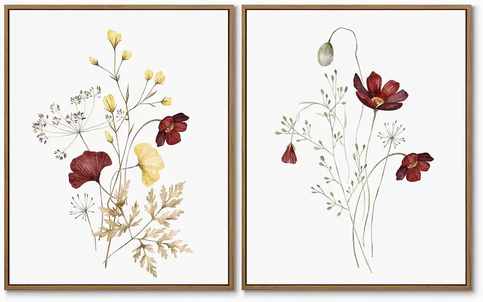 Watercolor Botanical Wall Art Burgundy and Yellow Flower Art Prints 11"x14"