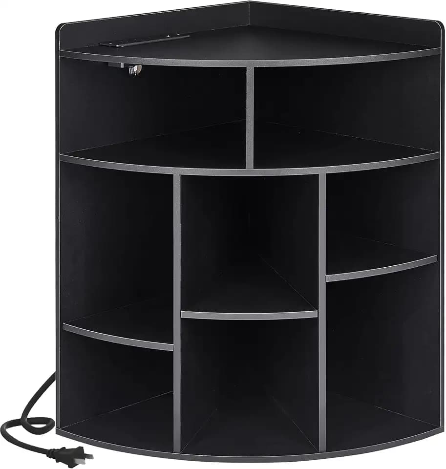 VECELO Corner Shelf with USB Ports & Outlets, Cube Corner Storage Shelf with Adjustable Shelf, Wooden Corner Bookshelf Display Rack for Living Room Bedroom, Black