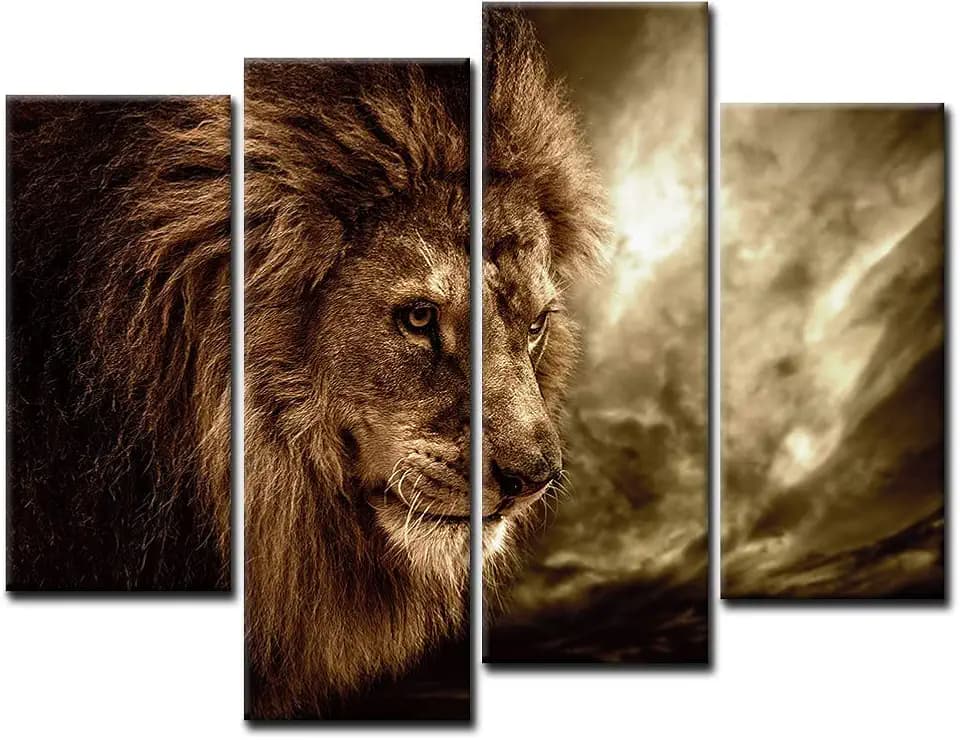 4 Panel Wall Art Brown Fierce Lion Against Stormy Sky Painting The Picture Print On Canvas Animal Pictures for Home Decor Decoration Gift Piece (Stretched by Wooden Frame,Ready to Hang)