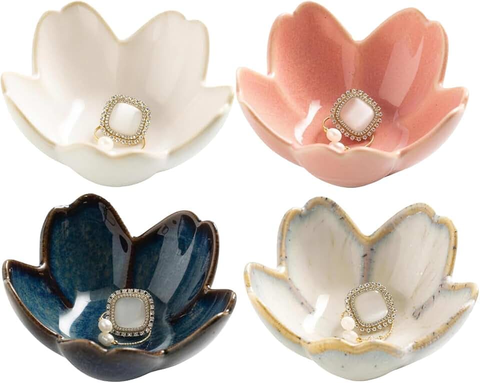 4-Pack Ceramic Flower Ring Holder Dish Set - White, Speckled White, Pink, Blue - Jewelry Tray Organizer, Vanity Decor Gift for Women