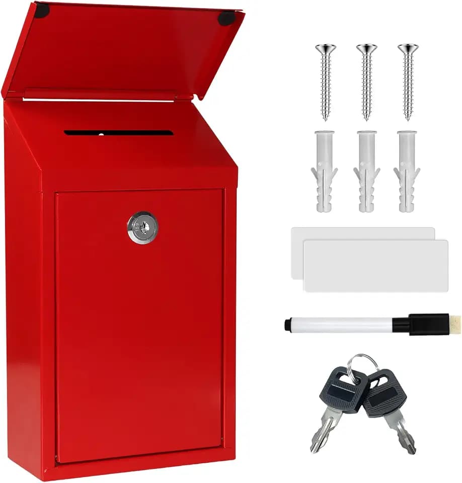 CHONOVO Metal Cash Box 10.2" with 2 Magnetic Whiteboard, Red Money Box